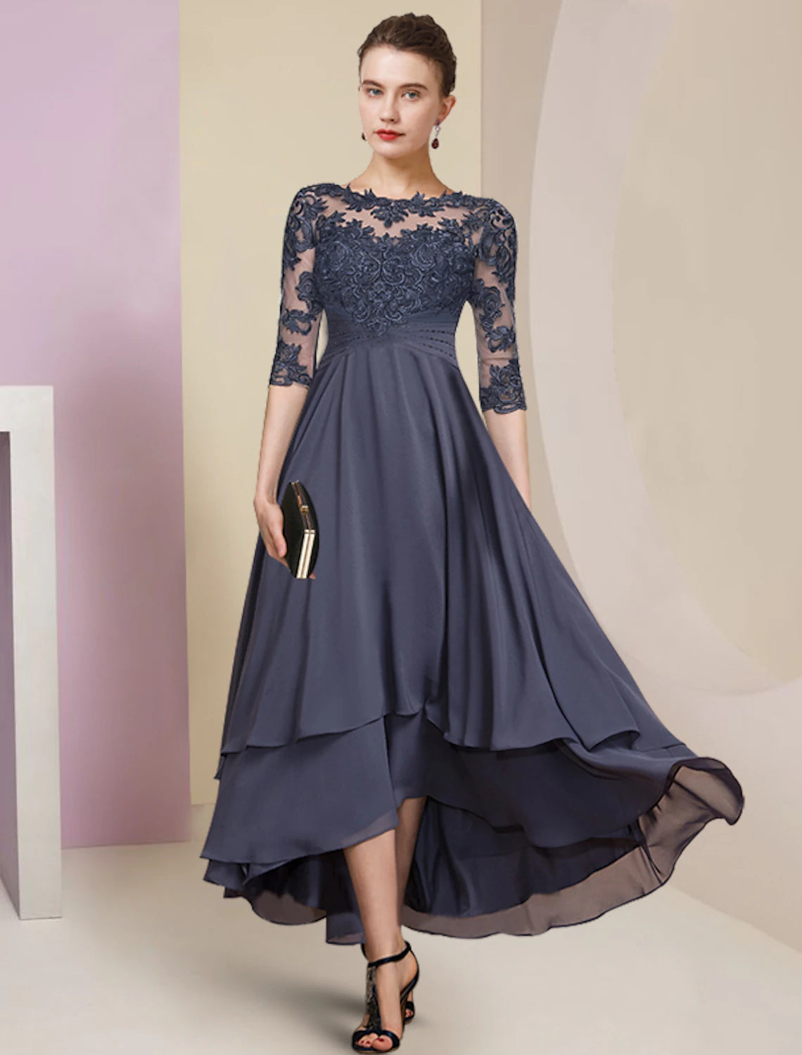 Sheath / Column Mother of the Bride Dress Wedding Guest Party Elegant High Low Jewel Neck Asymmetrical Chiffon Lace Half Sleeve with Pleats Solid Color