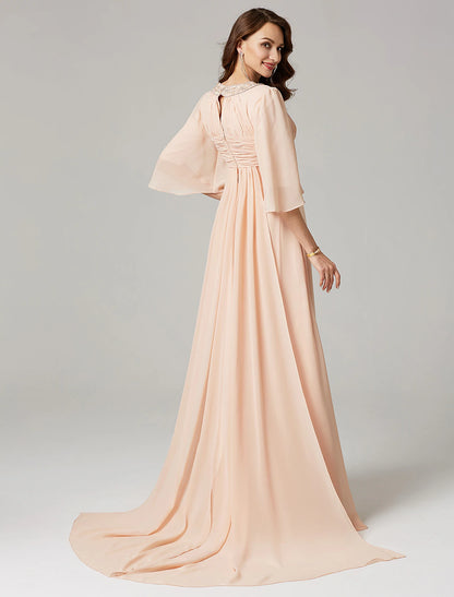 A-Line Mother of the Bride Dress Luxurious Elegant Jewel Neck Sweep / Brush Train Chiffon Half Sleeve with Pleats Beading