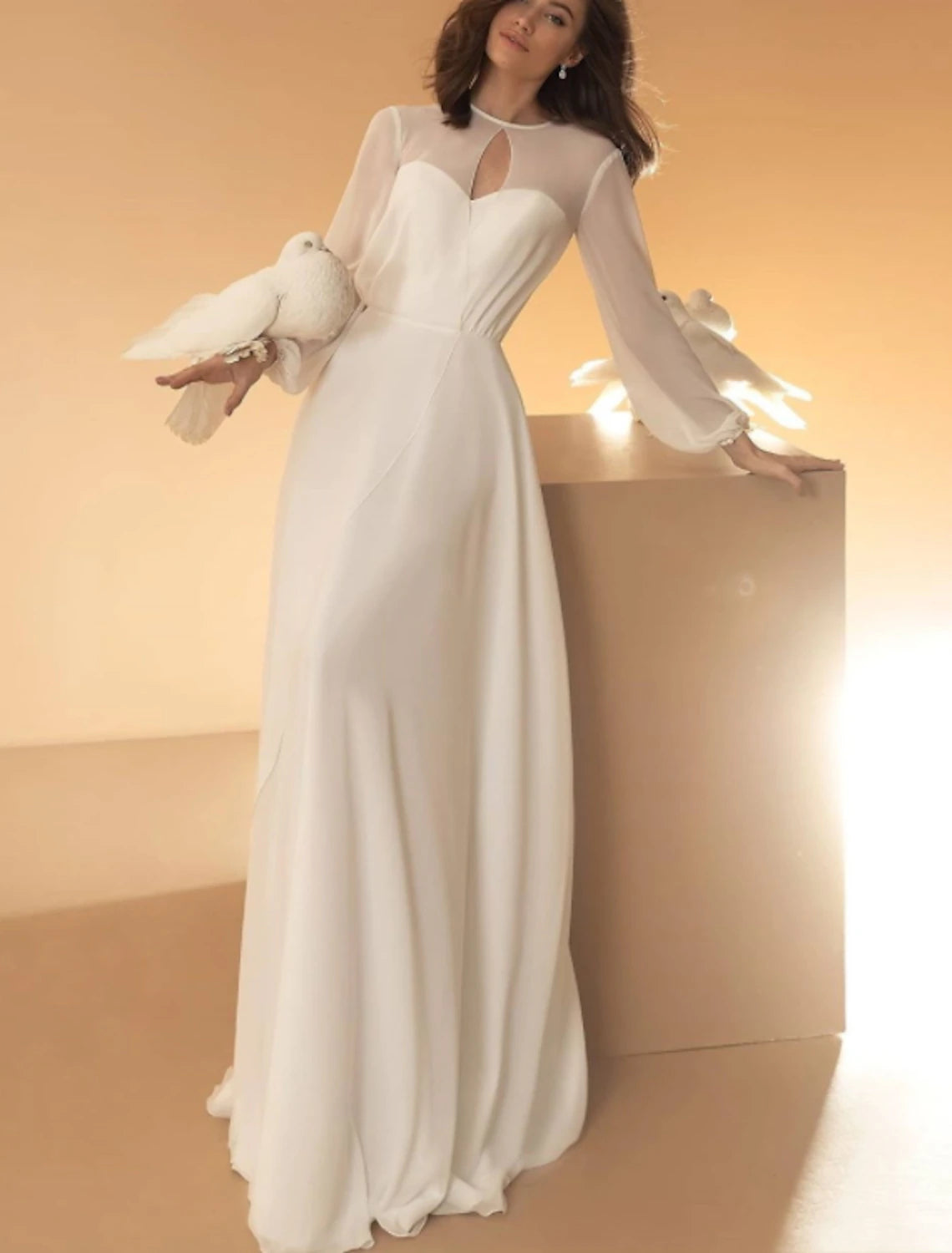 Hall Casual Wedding Dresses A-Line Illusion Neck Long Sleeve Floor Length Chiffon Bridal Gowns