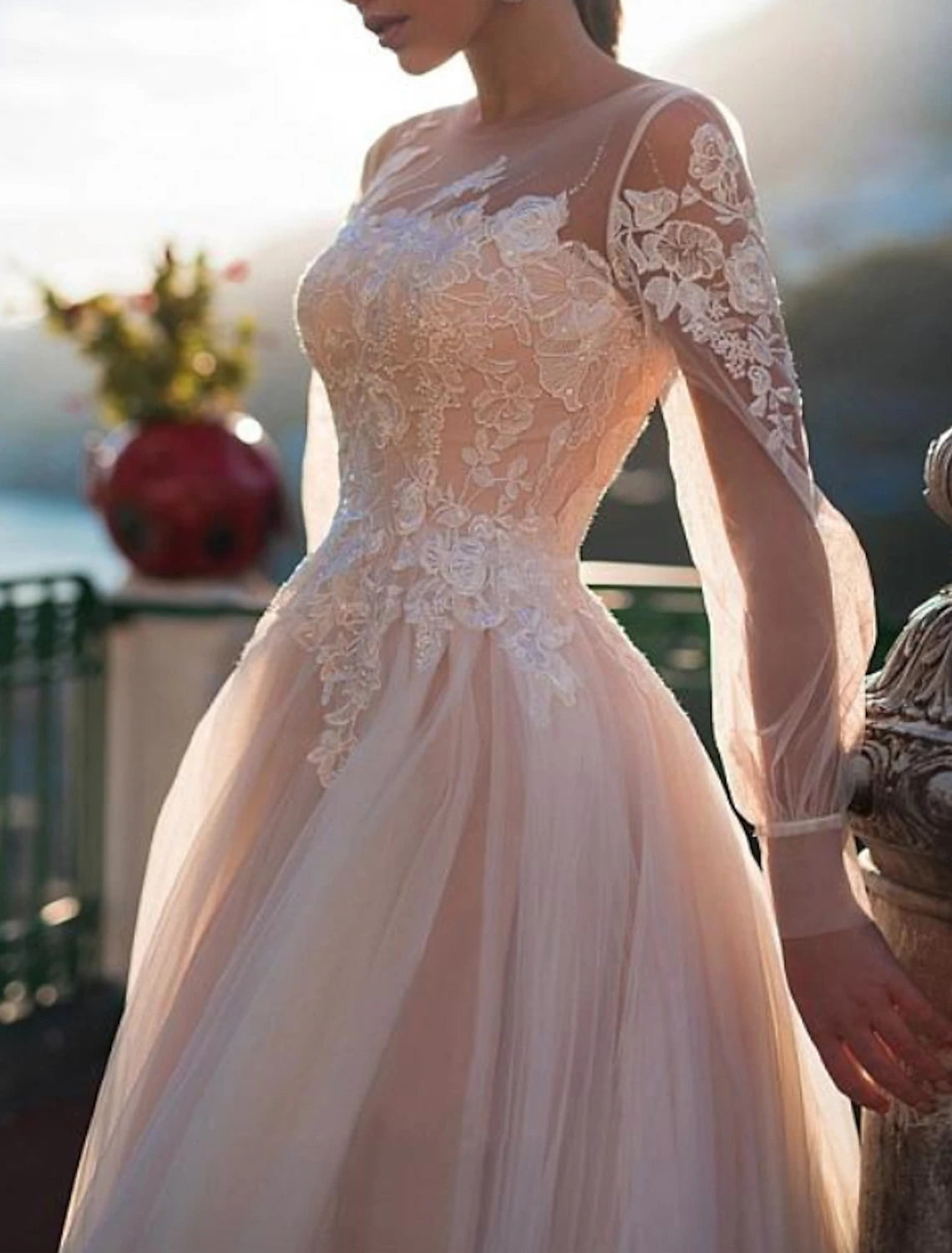 Beach Fall Wedding Dresses in Color Fall Wedding Dresses A-Line Illusion Neck Long Sleeve Sweep / Brush Train Lace Bridal Gowns With Embroidery Appliques