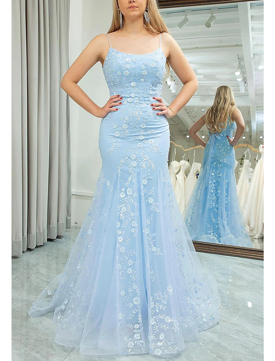 Mermaid / Trumpet Prom Dresses Elegant Dress Formal Floor Length Sleeveless Spaghetti Strap Tulle with Sequin Appliques