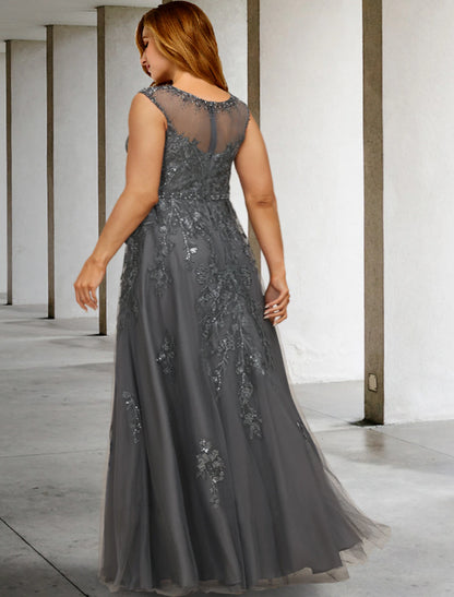 A-Line Plus Size Curve Mother of the Bride Dresses Elegant Dress Formal Floor Length Sleeveless Jewel Neck Lace with Beading Sequin Appliques