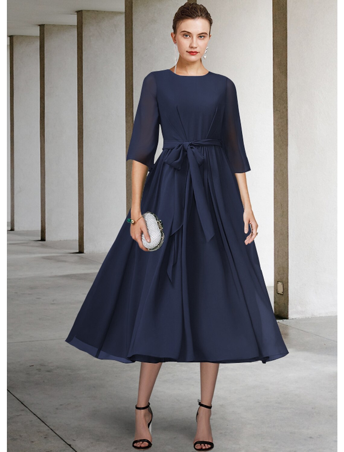 Sheath / Column Mother of the Bride Dress Simple Elegant Scoop Neck Tea Length Chiffon Half Sleeve with Sash / Ribbon Pleats