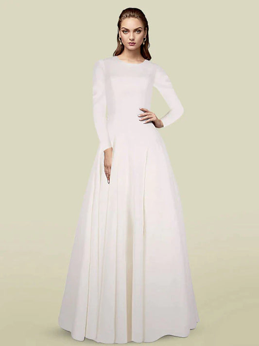 A-Line Mother of the Bride Dress Elegant Jewel Neck Floor Length Italy Satin Long Sleeve with Pleats