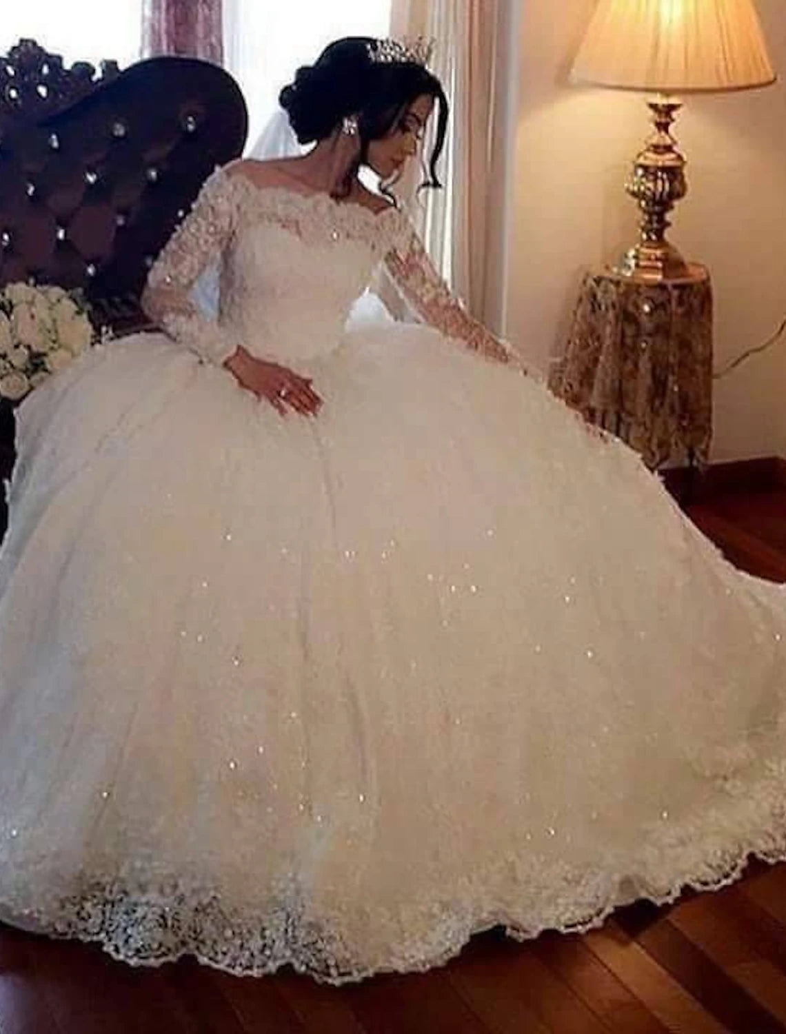 Engagement Formal Fall Wedding Dresses Ball Gown Off Shoulder Long Sleeve Floor Length Lace Bridal Gowns With Beading Sequin