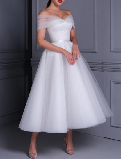 Reception Simple Wedding Dresses Wedding Dresses A-Line Scoop Neck Half Sleeve Tea Length Satin Bridal Gowns With Sashes / Ribbons