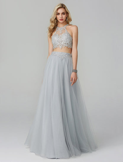 Two Piece Empire Prom Formal Evening Dress Halter Neck Sleeveless Floor Length Lace with Appliques