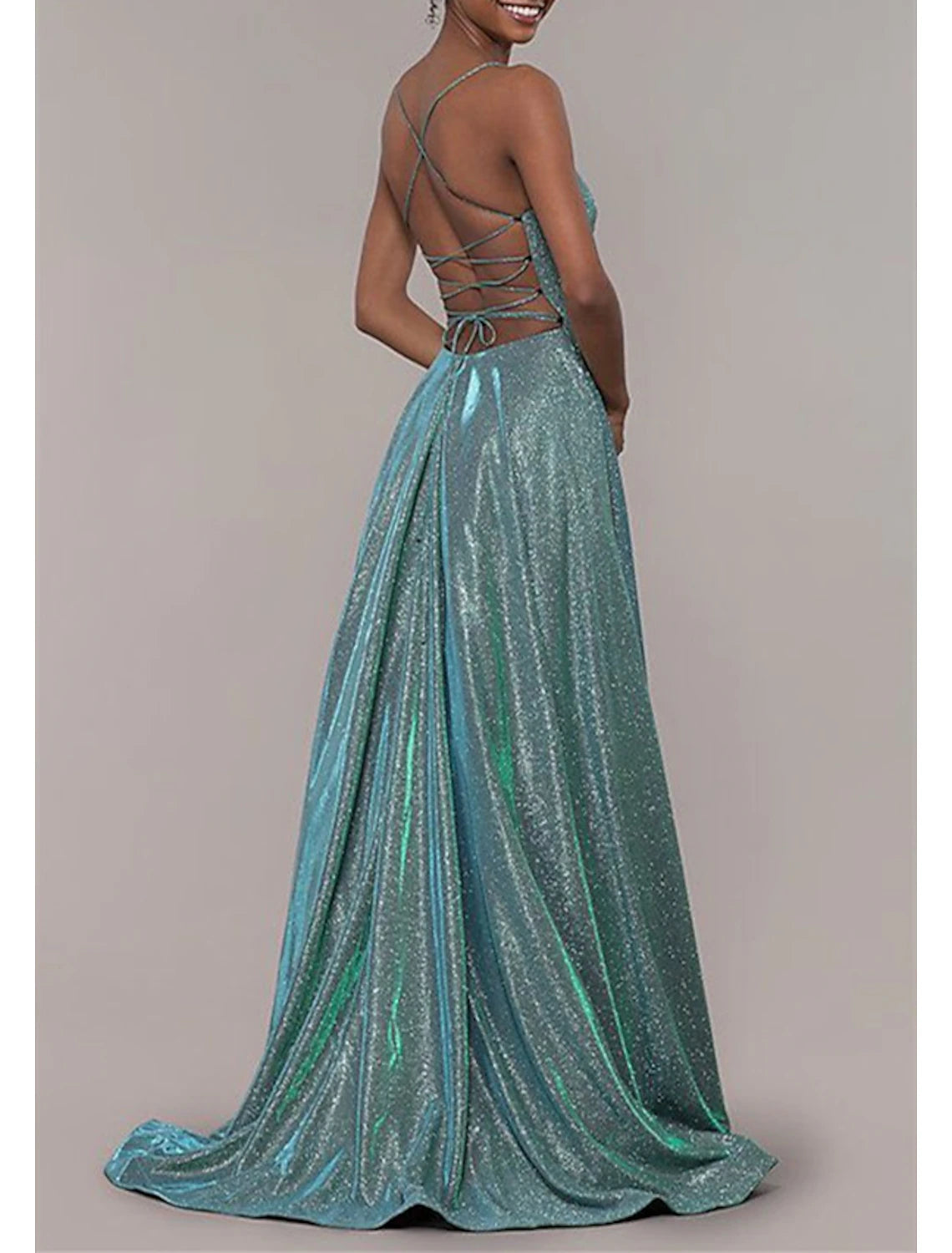 A-Line Prom Dresses Glittering Dress Formal Wedding Guest Court Train Sleeveless Spaghetti Strap Lurex Fabric with Slit