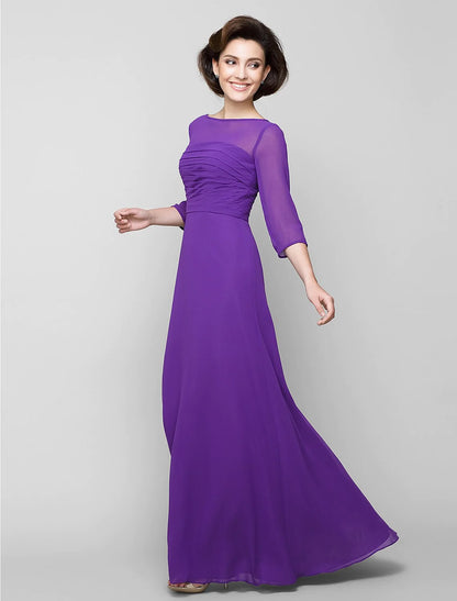 A-Line Mother of the Bride Dress Elegant Scoop Neck Ankle Length Chiffon 3/4 Length Sleeve No with Ruched