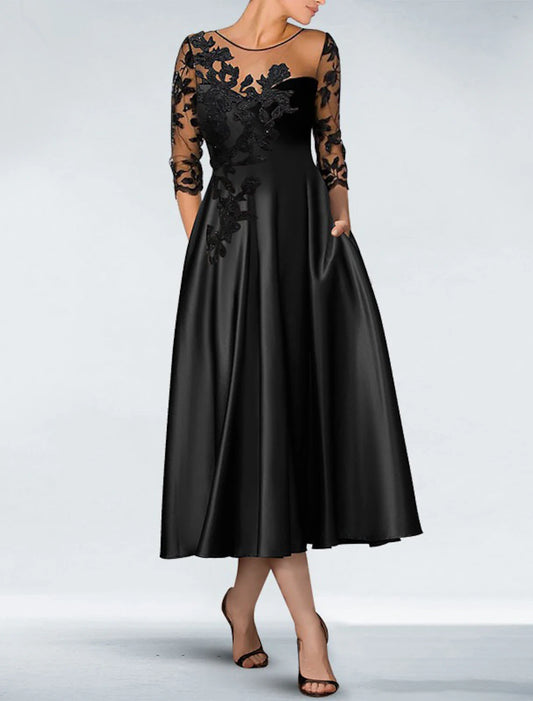 A-Line Cocktail Black Dress Appliques Elegant Dress Fall Wedding Guest Dress For Mother Knee Length 3/4 Length Sleeve Off Shoulder Pocket Satin with Beading Pocket