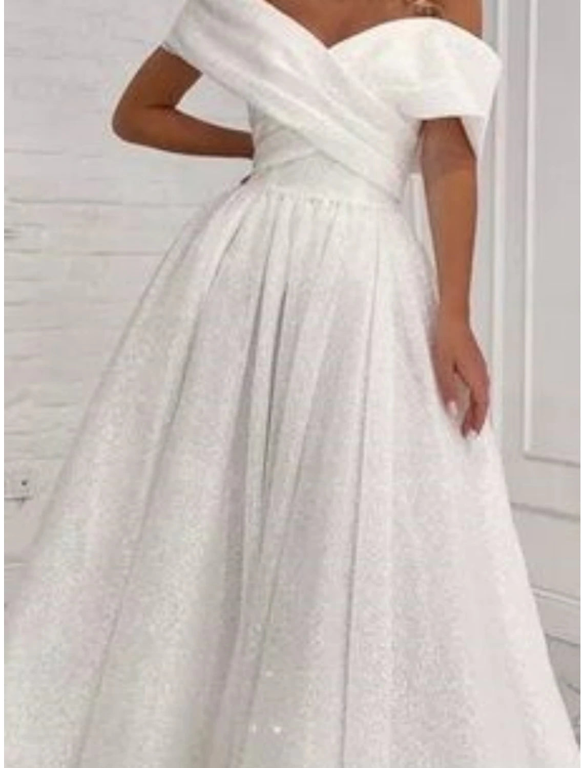 Formal Wedding Dresses A-Line Off Shoulder Short Sleeve Ankle Length Lace Bridal Gowns With Pleats Ruched