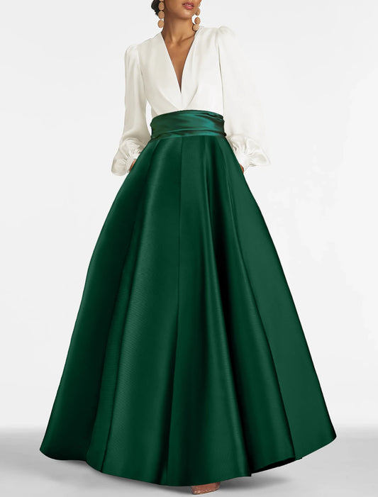 A-Line Evening Gown Elegant Wedding Guest Dress Formal Prom Floor Length Long Sleeve V Neck Satin with Ruched