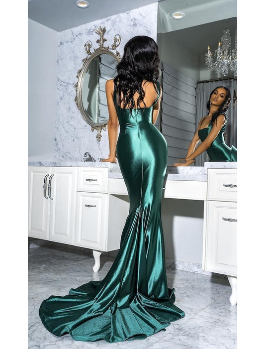 Mermaid / Trumpet Evening Gown Emerald Green Dress Prom Formal Evening Court Train Sleeveless Spaghetti Strap Satin with Pure Color