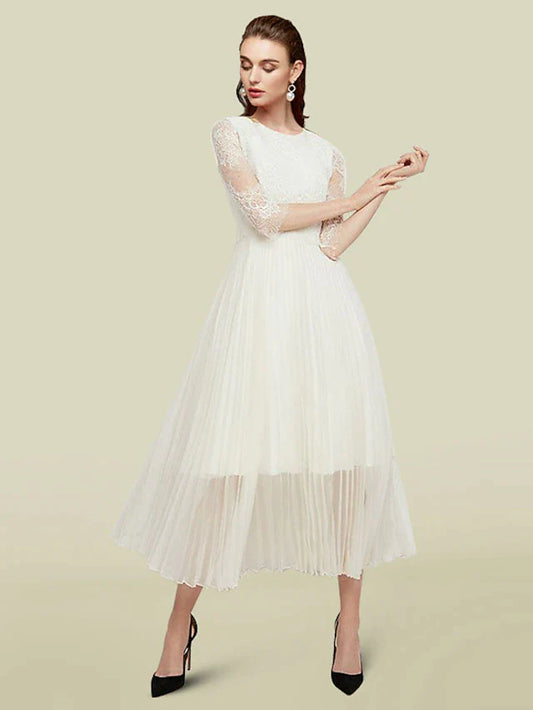 A-Line Mother of the Bride Dress Elegant Jewel Neck Tea Length Chiffon Lace Half Sleeve with Appliques