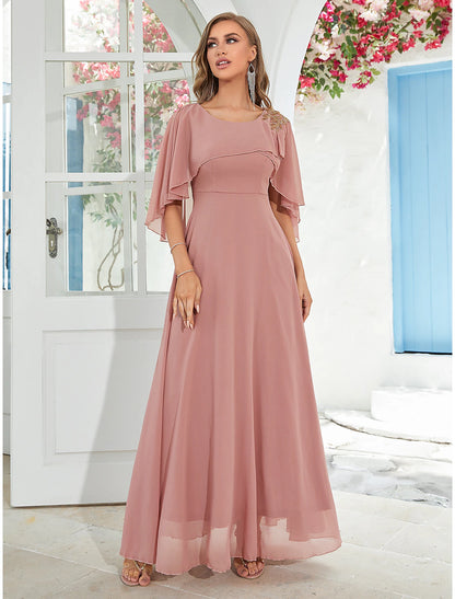 A-Line Wedding Guest Dresses Elegant Dress Party Wear Floor Length Half Sleeve Jewel Neck Chiffon with Ruffles