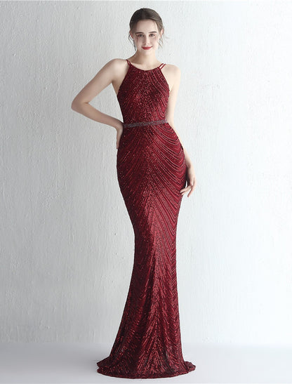 Mermaid / Trumpet Prom Dresses Elegant Dress Formal Floor Length Sleeveless Halter Chiffon with Beading Sequin