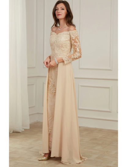 A-Line Evening Gown Elegant Dress Wedding Guest Formal Evening Floor Length Long Sleeve Off Shoulder Polyester with Overskirt Appliques