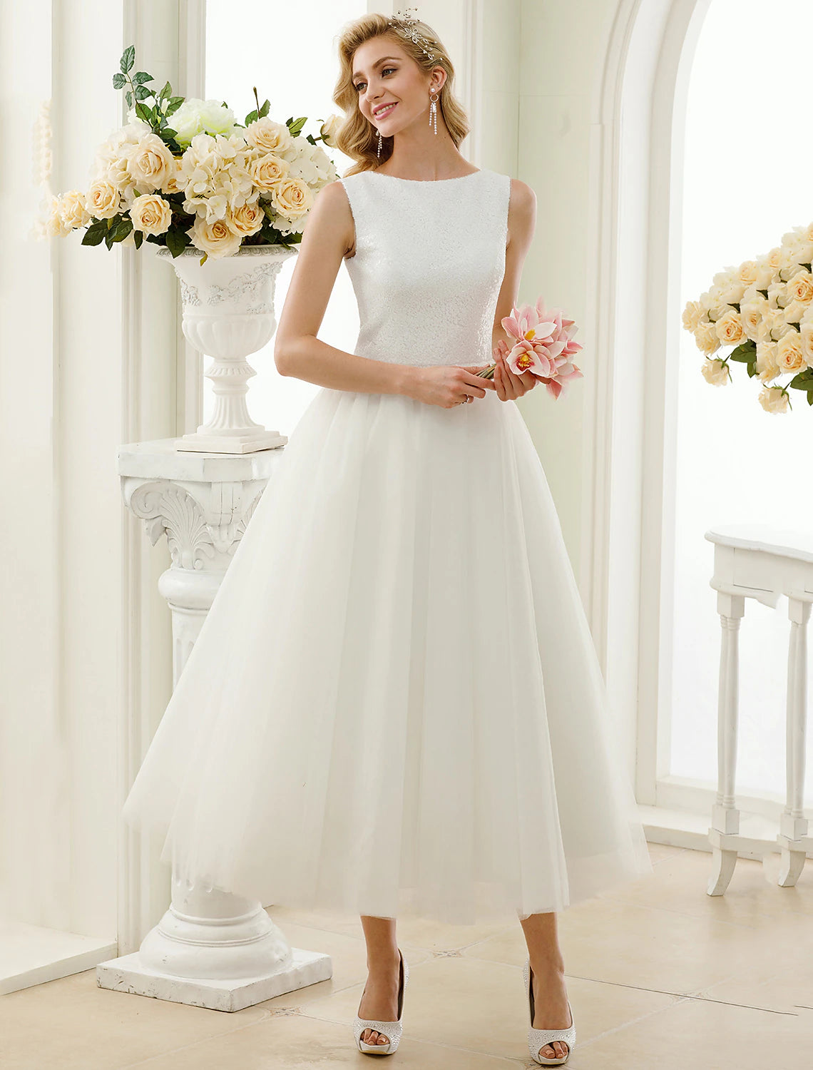 Reception Sparkle & Shine Little White Dresses Wedding Dresses A-Line Scoop Neck Sleeveless Tea Length Tulle Bridal Gowns With Lace Sequin