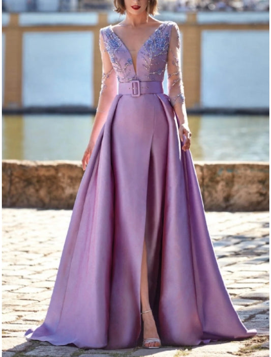 A-Line Evening Gown Elegant Dress Wedding Guest Sweep / Brush Train 3/4 Length Sleeve V Neck Satin with Pleats Sequin Slit