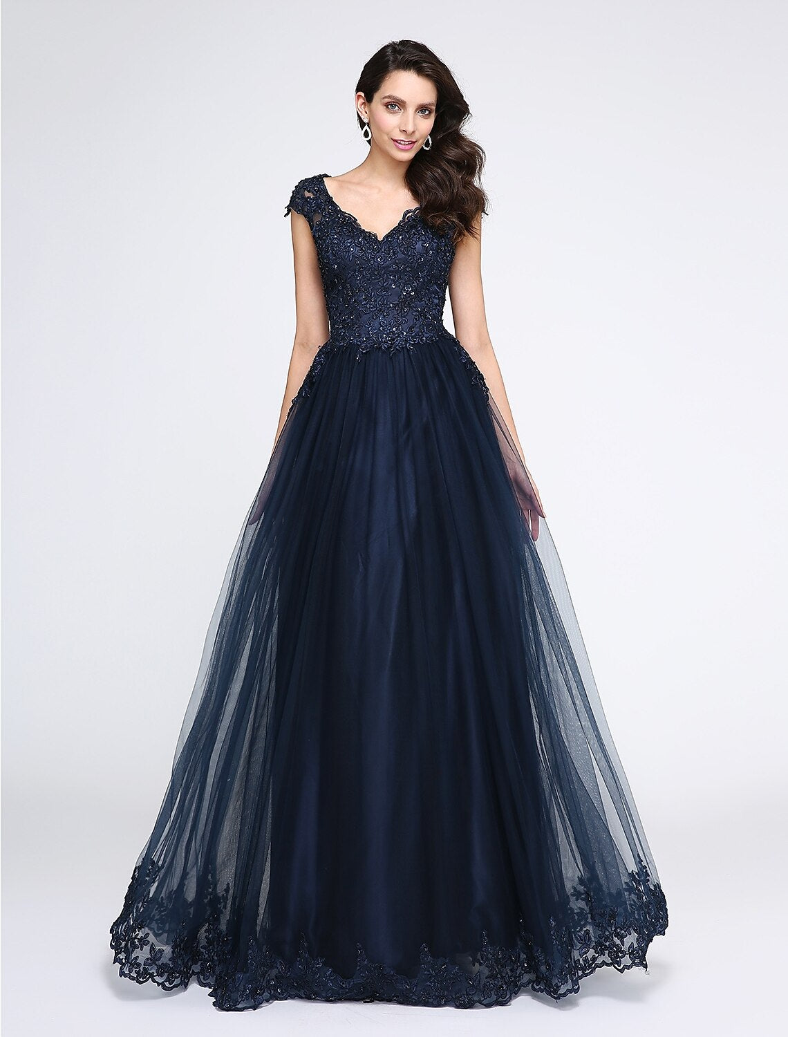 A-Line Little Black Dress Dress Wedding Guest Prom Floor Length Sleeveless V Neck Tulle with Appliques