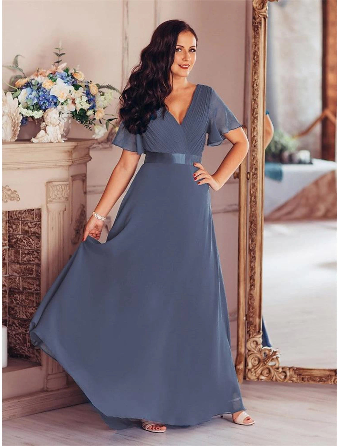 A-Line Evening Gown Party Dress Empire Dress Wedding Guest Formal Evening Floor Length Short Sleeve V Neck Bridesmaid Dress Chiffon V Back with Ruffles Pure Color