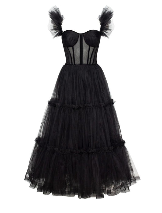 A-Line Prom Dresses Vintage Dress Masquerade Ankle Length Sleeveless Sweetheart Wednesday Addams Family Tulle Crisscross Back with Pleats Ruffles