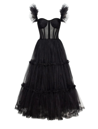 A-Line Prom Dresses Gothic Dress Masquerade Ankle Length Sleeveless Sweetheart Wednesday Addams Family Tulle Crisscross Back with Pleats Ruffles