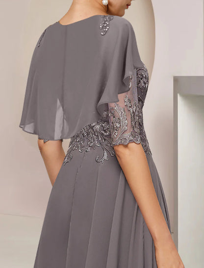 A-Line Mother of the Bride Dress Formal Wedding Guest Elegant Scoop Neck Asymmetrical Tea Length Chiffon Lace Half Sleeve with Beading Appliques