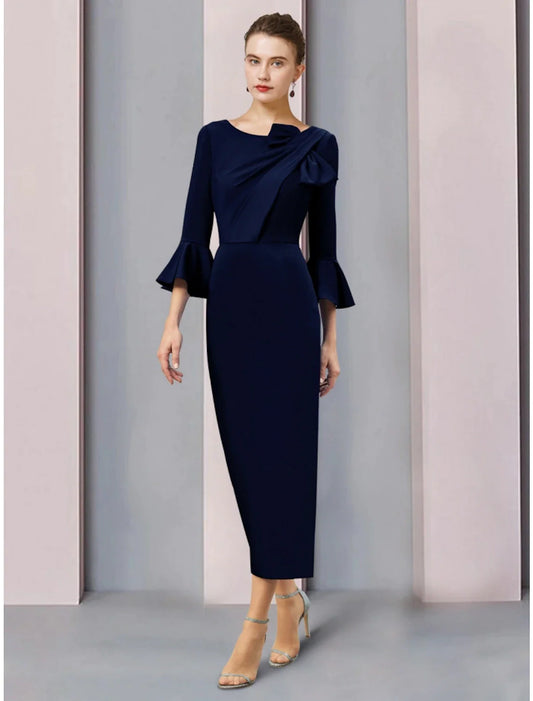 A-Line Mother of the Bride Dress Wedding Guest Elegant Scoop Neck Ankle Length Stretch Fabric 3/4 Length Sleeve with Bow(s) Ruching Solid Color