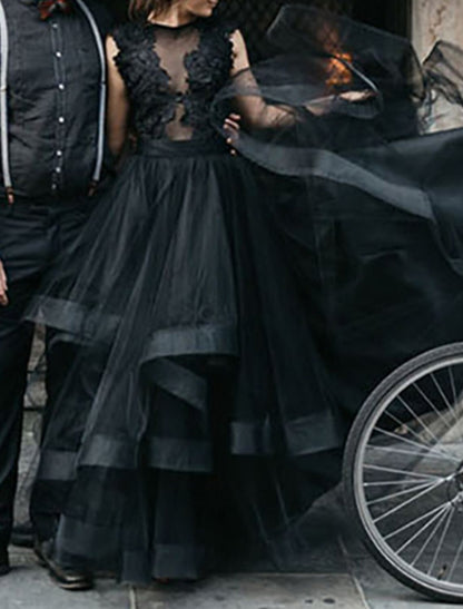 Engagement Gothic Black Wedding Dresses Formal Fall A-Line Illusion Neck Sleeveless Sweep / Brush Train Lace Bridal Gowns With Appliques Cascading Ruffles Summer Halloween Wedding Party