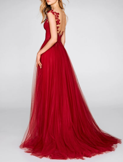 A-Line Evening Gown Party Dress Sexy Dress Engagement Prom Court Train Sleeveless V Neck Chiffon with Slit Appliques