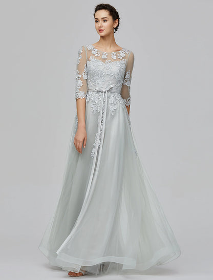 A-Line Empire Dress Wedding Guest Floor Length Half Sleeve Illusion Neck Tulle with Bow(s) Appliques