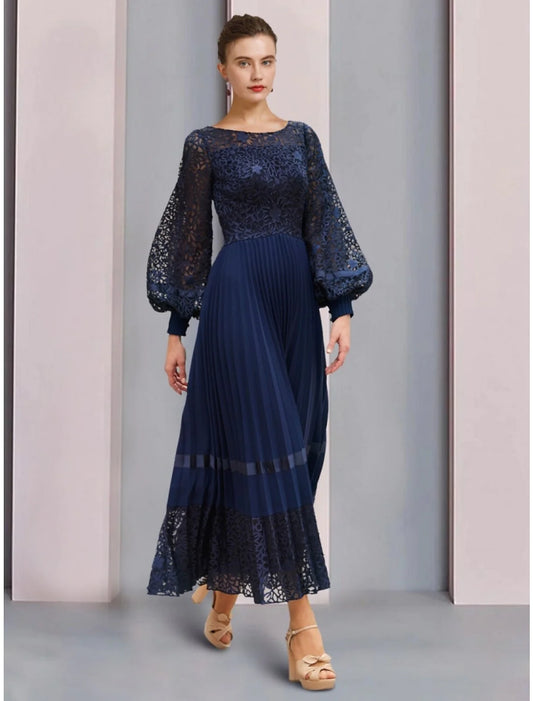 A-Line Mother of the Bride Dress Wedding Guest Elegant Scoop Neck Ankle Length Chiffon Lace Long Sleeve with Ruching Solid Color