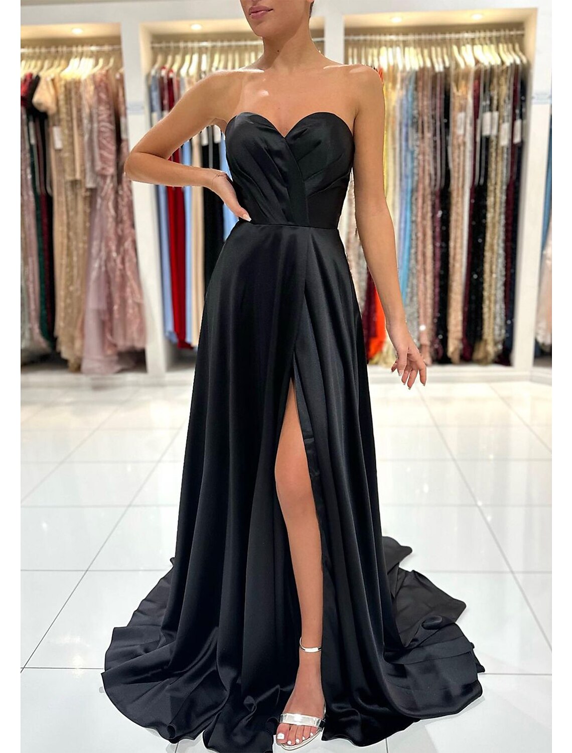 A-Line Prom Dress Christmas Red Green Dresses Empire Dress Formal Prom Sweep / Brush Train Sleeveless Sweetheart Backless with Pleats Slit