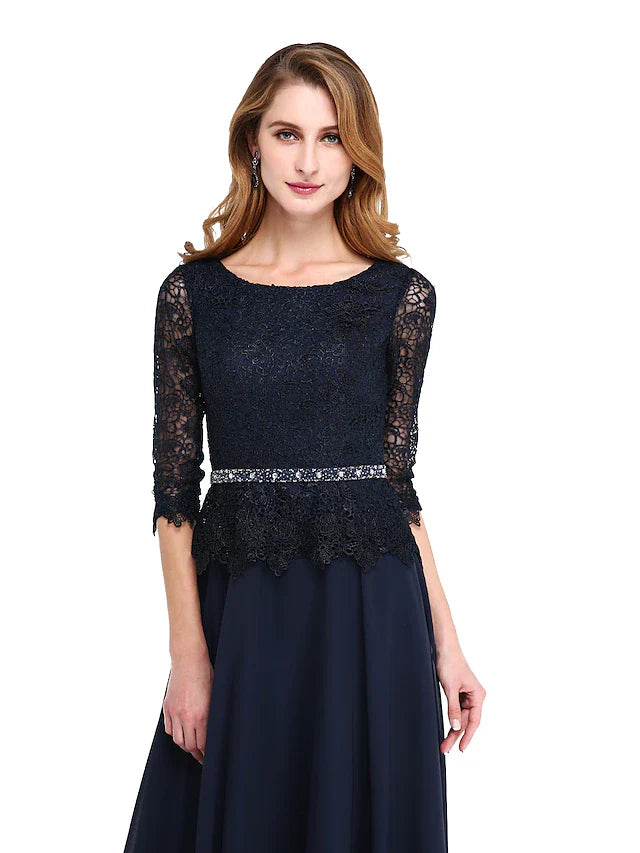 A-Line Mother of the Bride Dress Elegant Jewel Neck Floor Length Chiffon Lace Bodice 3/4 Length Sleeve with Sash / Ribbon Beading