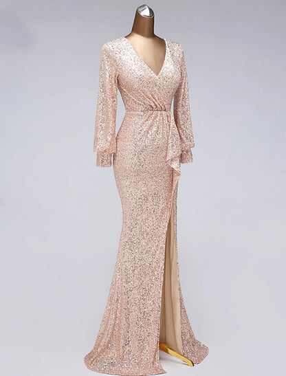 Mermaid / Trumpet Evening Gown Elegant Dress Wedding Guest Floor Length Long Sleeve V Neck Tulle with Sequin Slit