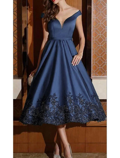 A-Line Cocktail Dresses Elegant Dress Formal Wedding Guest Tea Length Sleeveless V Neck Satin with Appliques