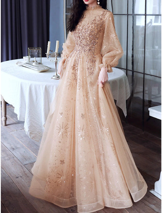 A-Line Glittering Elegant Engagement Formal Evening Dress High Neck Long Sleeve Floor Length Tulle with Sequin