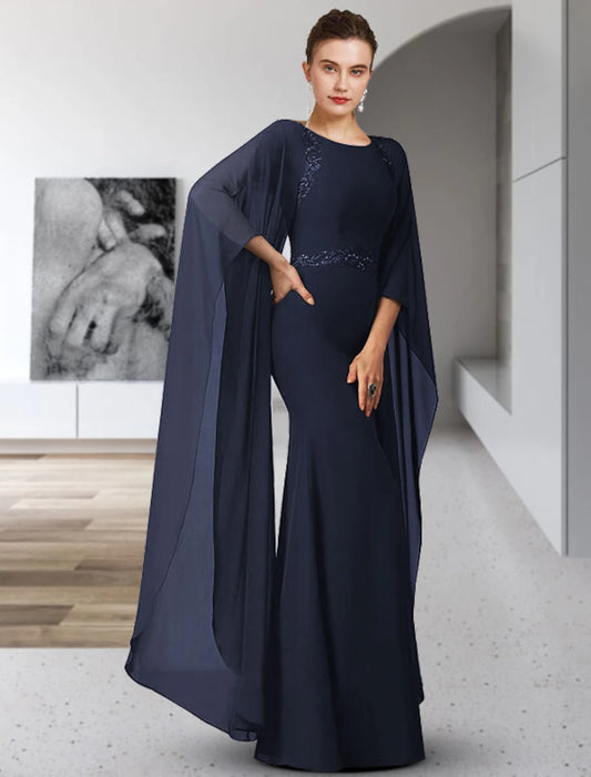 Sheath / Column Mother of the Bride Dress Elegant Jewel Neck Floor Length Chiffon Long Sleeve with Sash / Ribbon Appliques