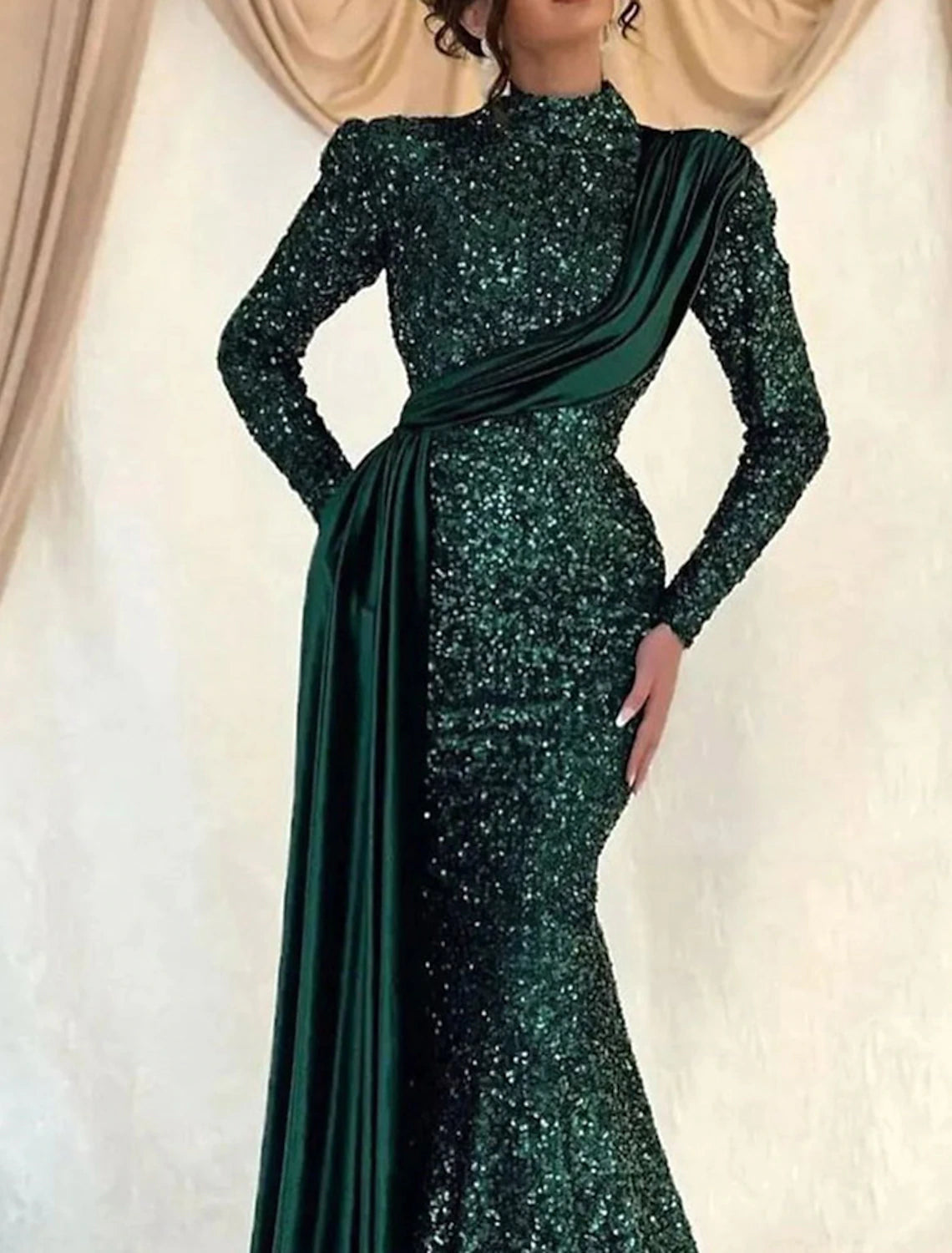 Mermaid / Trumpet Evening Gown Sparkle Dress Wedding Guest Prom Sweep / Brush Train Long Sleeve High Neck Sequined with Ruched Sequin