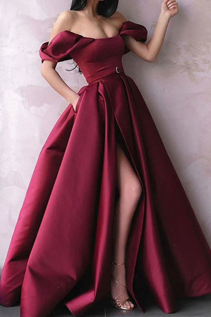 Simple off shoulder satin prom dress