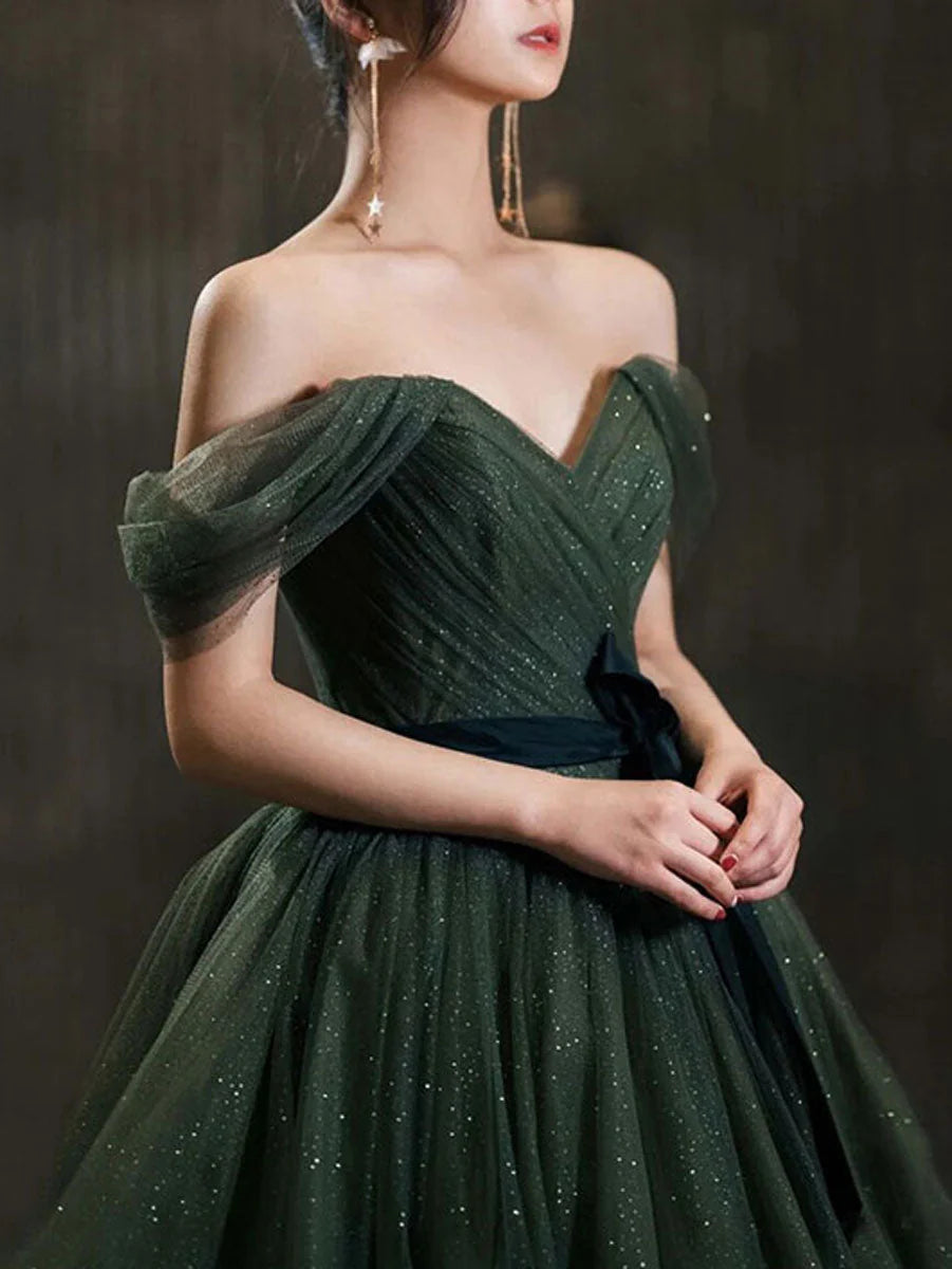 A line tulle off shoulder long prom dress