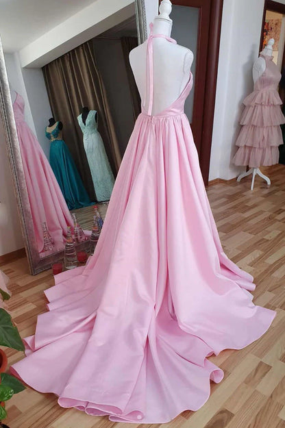 Neck satin long prom dress