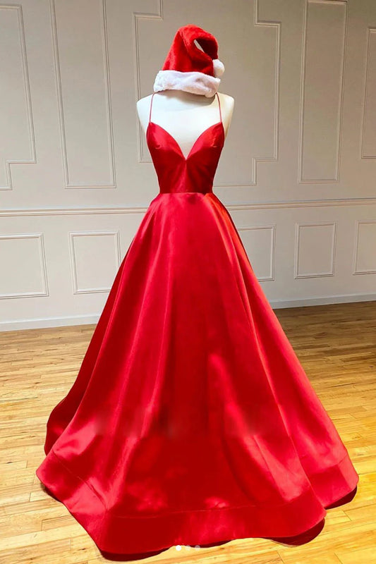 V neck satin long prom dress