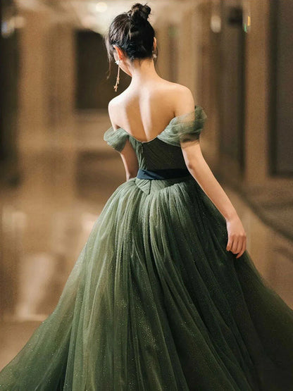 A line tulle off shoulder long prom dress