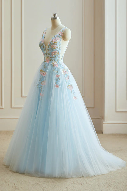 A-line V-neck Tulle with Lace Open Back Long Prom Dresses