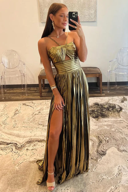 A Line Sparkly Halter Neck Long Prom Dress with Keyhole Slit