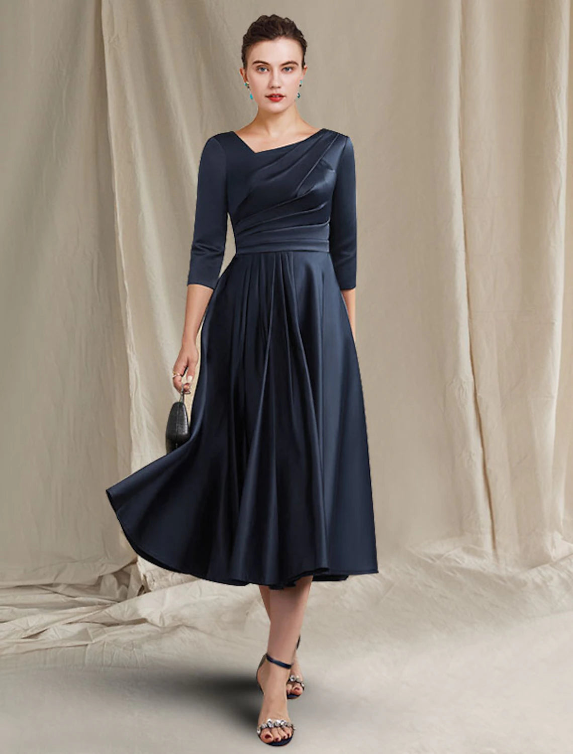 A-Line Mother of the Bride Dress Elegant Bateau Neck V Neck Tea Length Satin Half Sleeve with Pleats Ruched