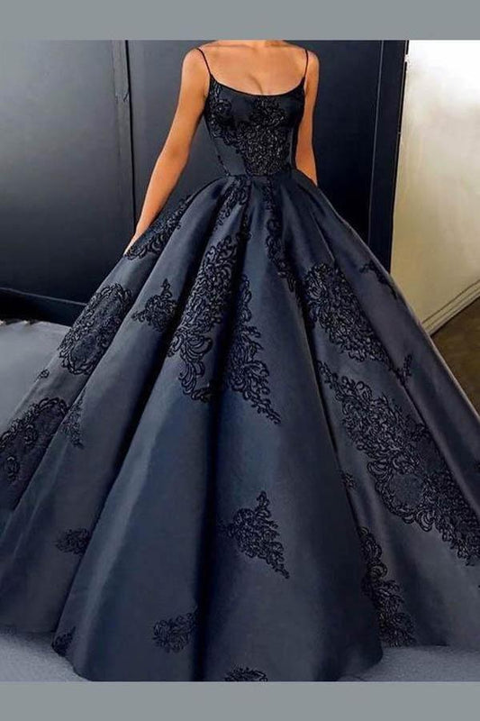 Ball Gown Straps Lace Applique Long Prom Dress Evening Dress