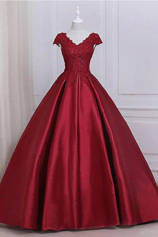 A line Ball Gown Cap Sleeves Lace Long Evening Prom Dresses